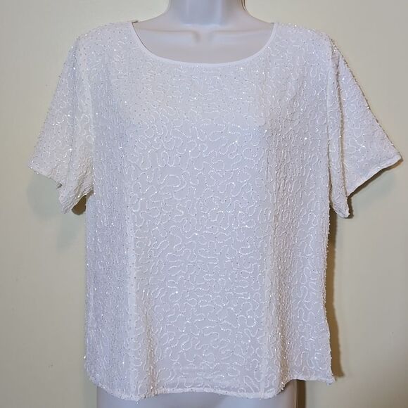 Doncaster Vintage Silk Georgette Blouse Top Size 10 Short Sleeve Beaded Evening - Picture 1 of 15